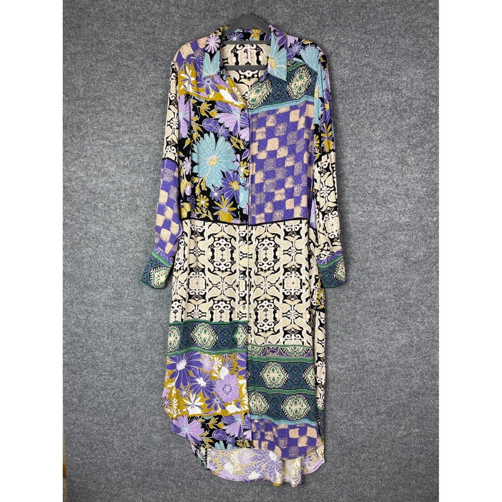 Free People Patchwork Midi Shirt Dress in Purple, Black, Cream & Green